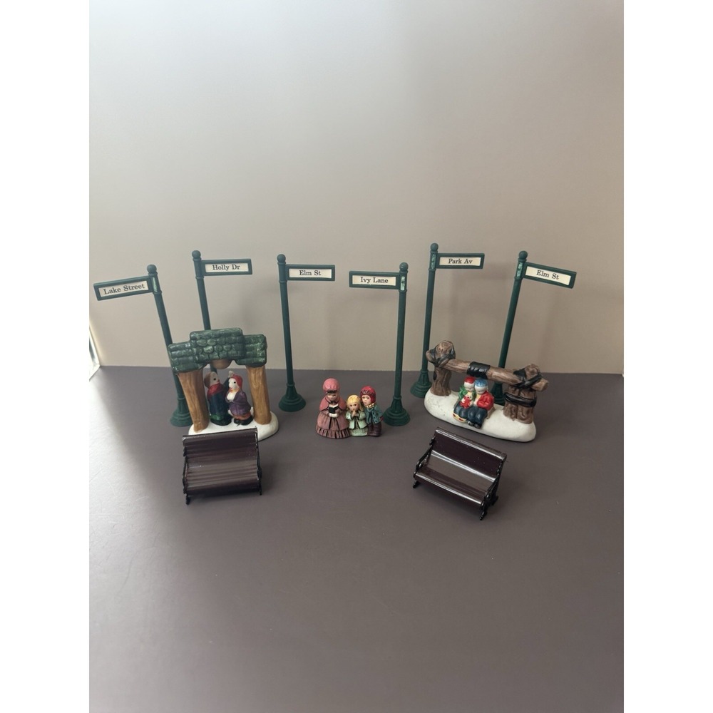 Vintage Christmas Village Pieces -Figures- Bench - St Signs -Miniature LOT OF 11